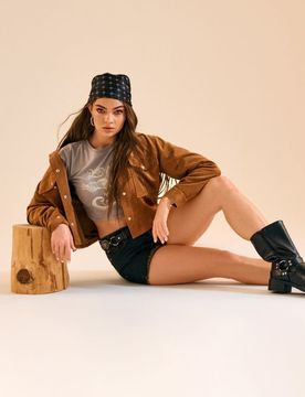 Crop top in cotone con stampa - grigio chiaro