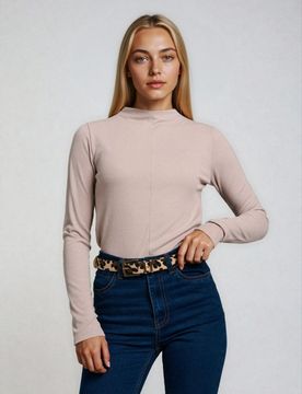 Blusa a coste con scollo alto - beige