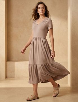 Abito midi con effetto a balze in viscosa - beige