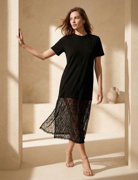 Abito midi con orlo in pizzo - nero
