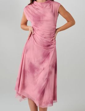 Abito midi asimmetrico con scollo drappeggiato e arricciature - multicolor