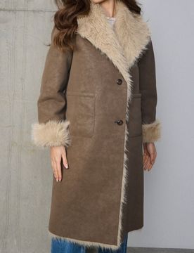 Cappotto lungo con pelliccia sintetica - marrone scuro