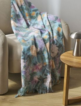 Coperta con motivo floreale e frange - turchese chiaro