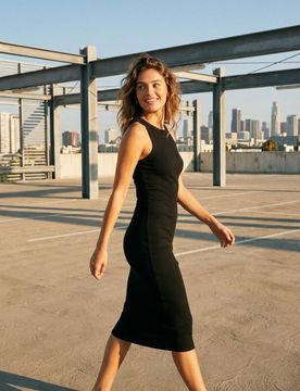 Vestito midi in cotone a coste senza maniche - nero