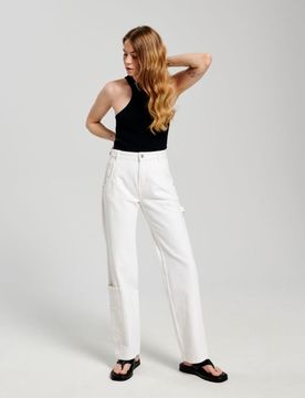 Jeans straight low waist - panna