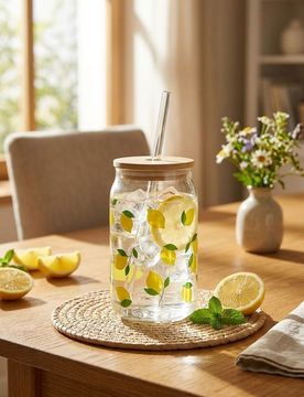 Tazza con coperchio e cannuccia con motivo di limoni - multicolor