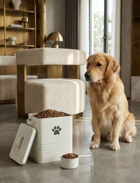 Contenitore in metallo per cibo per animali con coperchio e misurino - bianco