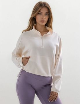 Felpa con zip soft touch con miscela di viscosa - panna