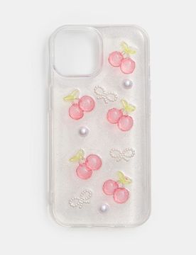 Custodia per iPhone 13/14 con motivo di ciliegie e fiocchi - rosso