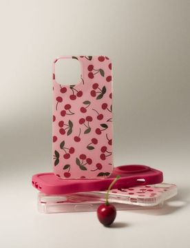 Custodia per iPhone 15 con motivo di ciliegie - rosa