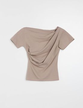 Blusa in cotone con drappeggio asimmetrico - beige