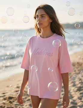Maglietta di cotone con testo ricamato Maldives - rosa pastello