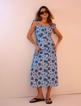 Abito midi in cotone con stampa floreale con spalline annodate - multicolor