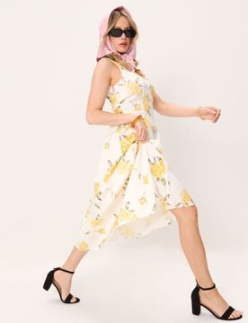 Abito midi in cotone con spalline e arricciature - multicolor