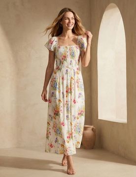 Abito midi con arricciature e viscosa con stampa floreale - multicolor