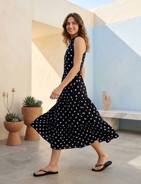 Abito midi in viscosa a pois con scollo halter legato - multicolor