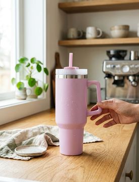 Tazza termica con manico - rosa pastello