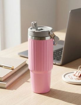 Tazza termica con manico e cannuccia - rosa pastello
