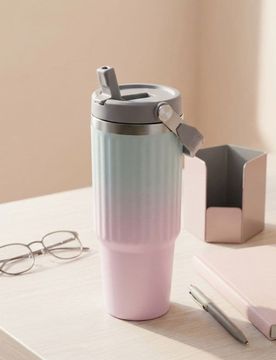 Tazza termica con manico e cannuccia con effetto ombre - rosa