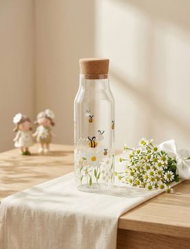 Caraffa in vetro con tappo in sughero con motivo floreale e api - multicolor