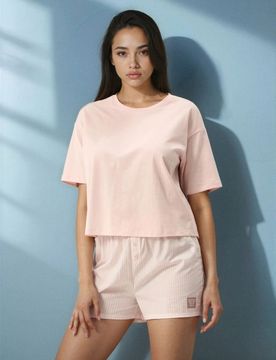 Pigiama in cotone con maniche corte e pantaloncini a righe - rosa