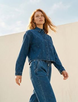 Camicia in denim con fiori ricamati - blu