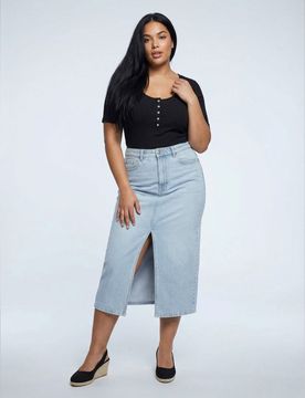Gonna midi in denim con spacco plus size - blu