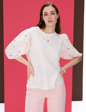 Blusa in cotone con manica a sbuffo - nude
