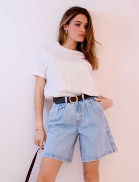 Bermuda in denim a vita alta con pieghe - blu