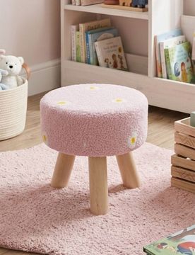 Sgabello con gambe in legno e motivo a margherite - rosa pastello