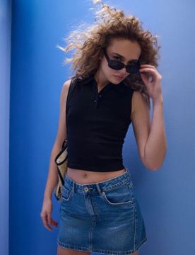 Blusa in cotone senza maniche con colletto - nero