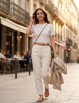T-shirt in cotone a righe - beige