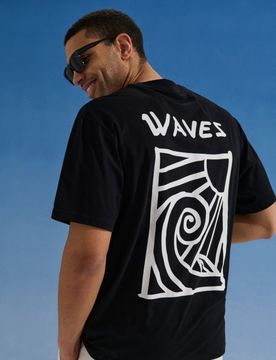 T-shirt in cotone con scritta Waves - nero