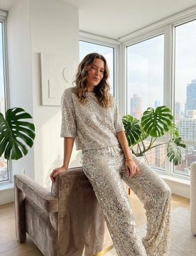 Pantaloni wide leg con paillettes - argento