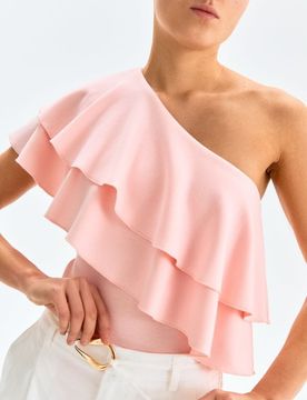 Body monospalla con balze e misto viscosa - rosa pastello