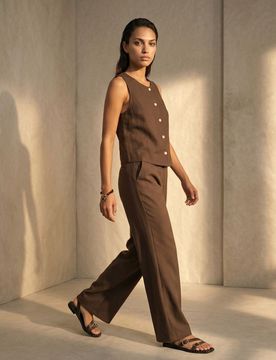 Pantaloni a gamba larga con viscosa e lino - marrone
