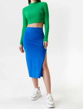 Gonna midi in cotone con spacco e arricciatura laterale - blu
