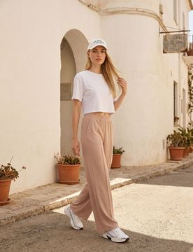 Pantaloni wide leg con miscela di viscosa - beige
