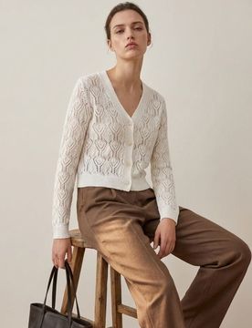 Cardigan traforato con scollo a V con bottoni - bianco