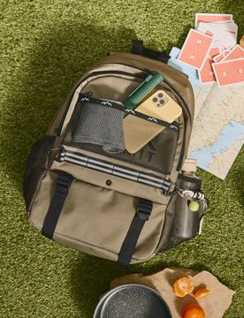 Zaino con tasca in rete e motivo montagna - khaki