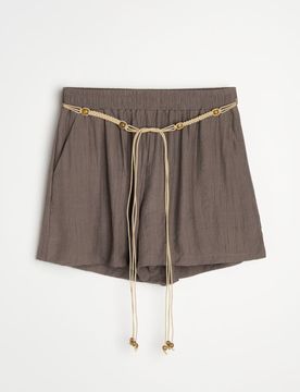 Shorts con viscosa e cintura con perline - marrone