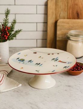 Alzata invernale in ceramica con motivo sciistico - bianco