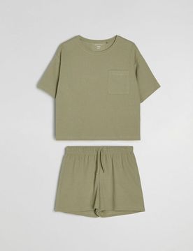 Pigiama a due pezzi con finitura waffle e misto cotone - verde-marrone