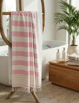 Asciugamano in cotone a righe - rosa