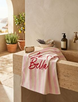 Asciugamano a righe con scritta „Ciao Bella“ - rosa