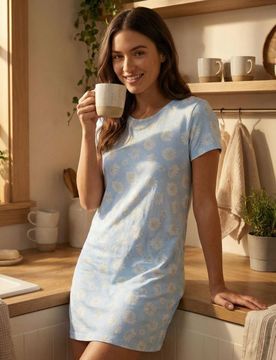 Camicia da notte in cotone con motivo floreale - blu pallido