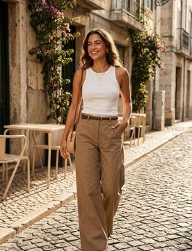 Pantaloni a gamba larga con cintura - beige