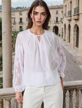 Blusa camicia con maniche in jacquard - bianco