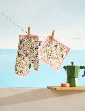 Guanto da cucina e presina con fiori - rosa