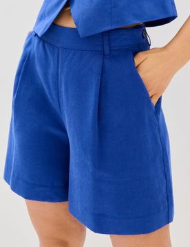 Pantaloncini in lyocell con pieghe e miscela di lino - indaco